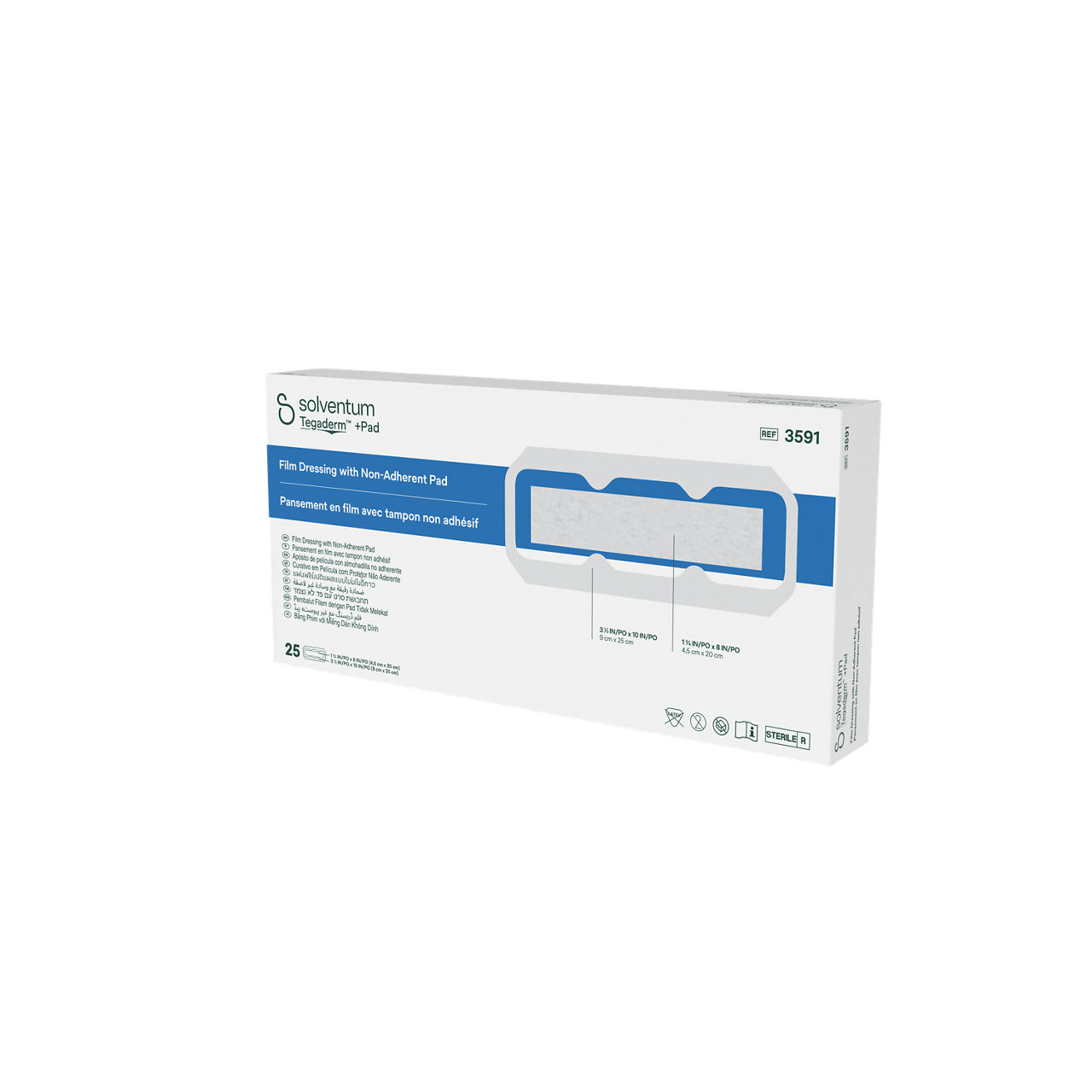 Solventum™ Tegaderm™ +Pad Film Dressing with Non-Adherent Pad, 3591, 3 1/2 in x 10 in (9 cm x 25 cm), 25/CAR, 4 CAR/CS - Front, Right, In Packaging (1R1)