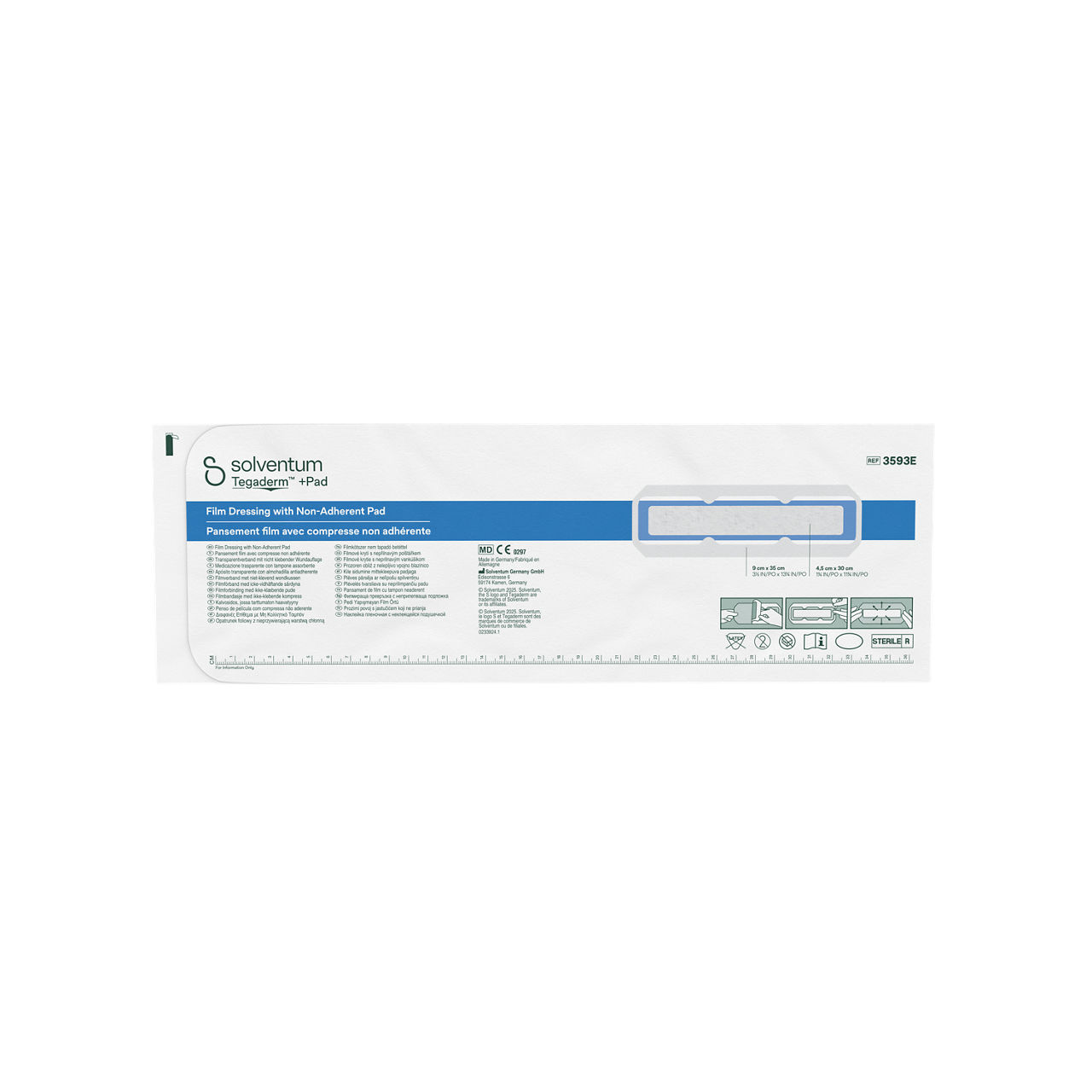 Solventum™ Tegaderm™ +Pad Film Dressing with Non-Adherent Pad, 3593E, 9 x 35 cm (3½ x 13¾ in), Pad - 4,5 x 30 cm, 25/CAR - Front, Center, Out of Packaging (1C0)