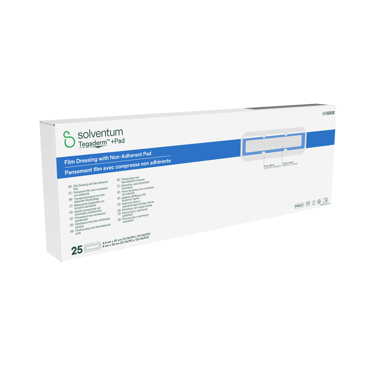 Solventum™ Tegaderm™ + Pad Film Dressing with Non-Adherent Pad, 3593E, 100/CS - Front, Left, In Packaging (1L1)