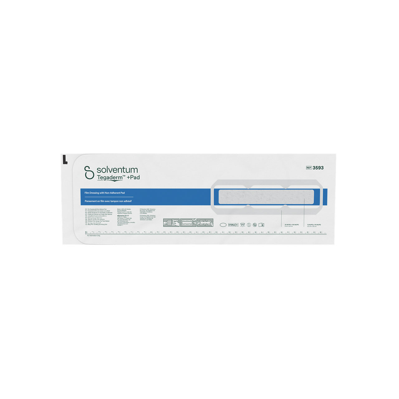 Solventum™ Tegaderm™ + Pad Film Dressing with Non-Adherent Pad, 3593, 3 1/2 in x 13 3/4 in (9 cm x 35 cm), 25/CAR, 4 CAR/CS - Front, Center, Out of Packaging (1C0)