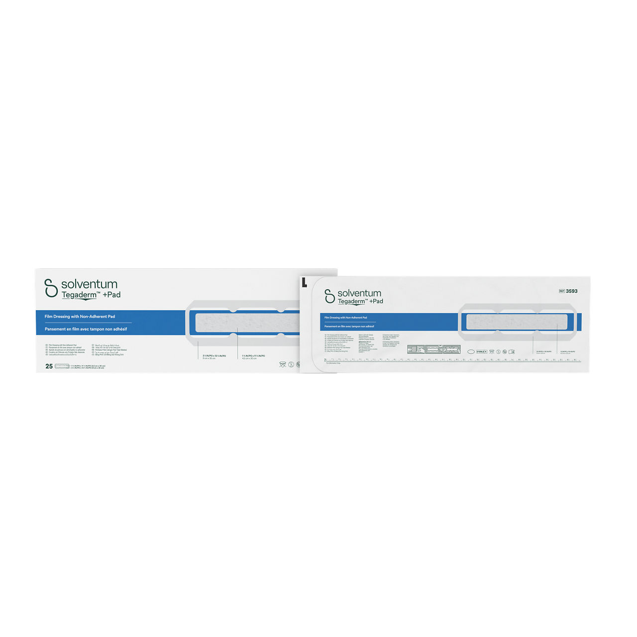 Solventum™ Tegaderm™ +Pad Film dressing with non-adherent pad, 3593, 9 cm x 35 cm (3½ in x 13¾ in), Pad - 4,5 cm x 30 cm, 25/CAR