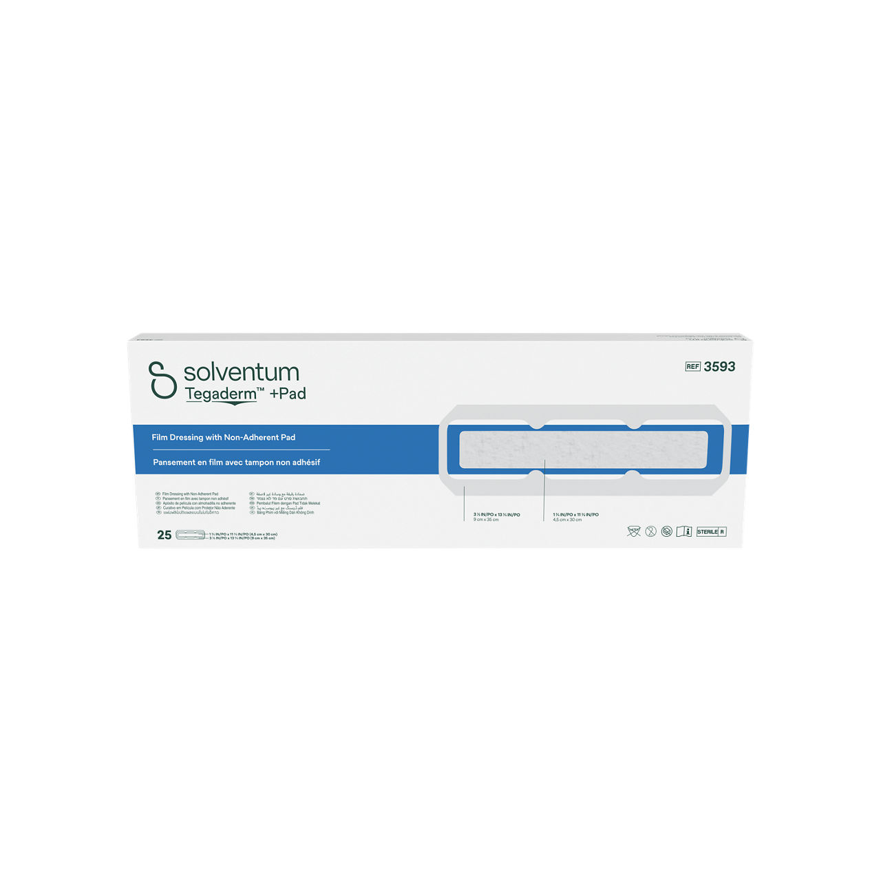 Solventum™ Tegaderm™ + Pad Film Dressing with Non-Adherent Pad, 3593, 3 1/2 in x 13 3/4 in (9 cm x 35 cm), 25/CAR, 4 CAR/CS - Front, Center, In Packaging (1C1)