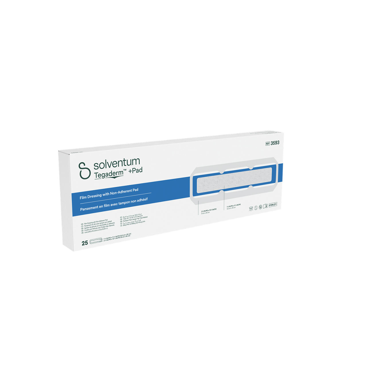 Solventum™ Tegaderm™ + Pad Film Dressing with Non-Adherent Pad, 3593, 3 1/2 in x 13 3/4 in (9 cm x 35 cm), 25/CAR, 4 CAR/CS - Front, Left, In Packaging (1L1)