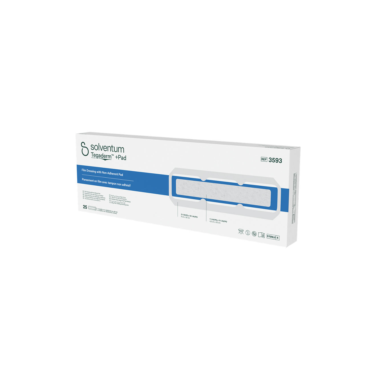 Solventum™ Tegaderm™ + Pad Film Dressing with Non-Adherent Pad, 3593, 3 1/2 in x 13 3/4 in (9 cm x 35 cm), 25/CAR, 4 CAR/CS - Front, Right, In Packaging (1R1)