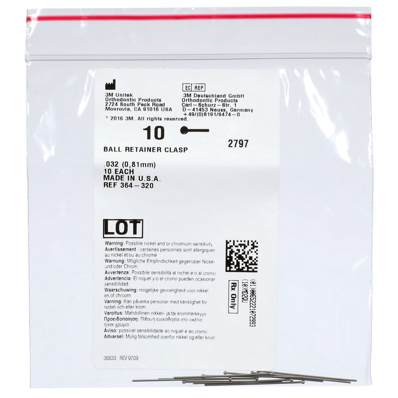 3M™ Unitek™ Ball Clasp, .032 in diameter, 1.38 in. length, 364-320