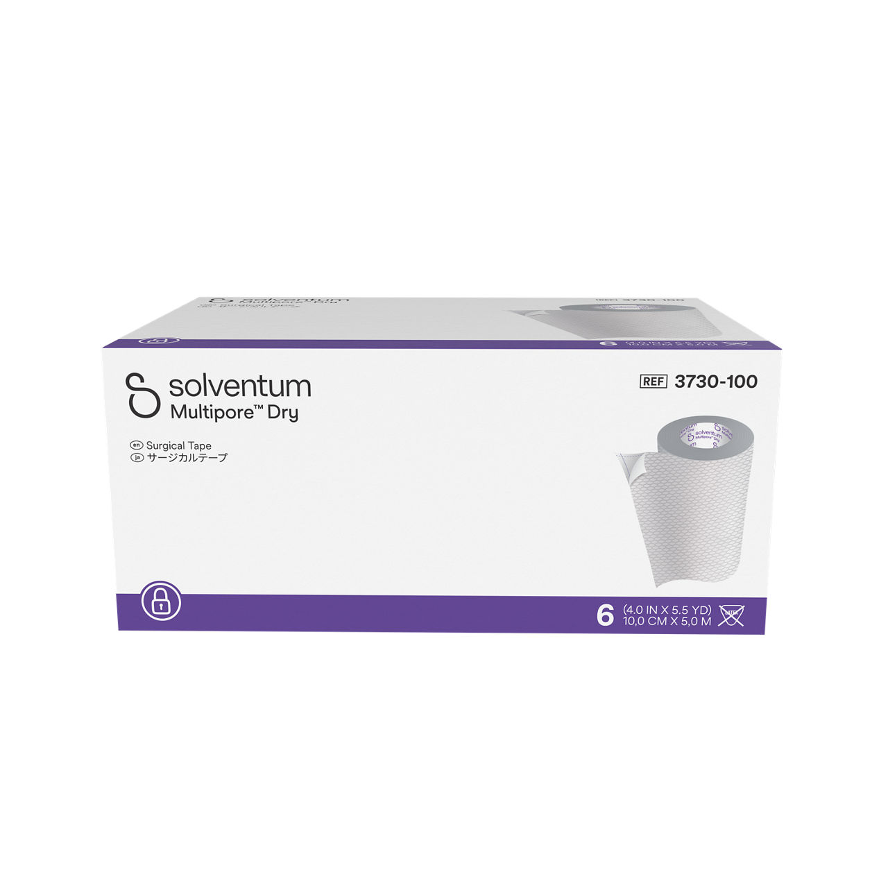 Solventum™ Multipore™ Dry Surgical Tape, 3730-100, 4 in x 5.5 yd (100 mm x 5 m), 6/CAR, 4 CAR/CS, 24/CS - Front, Center, In Packaging (1C1)