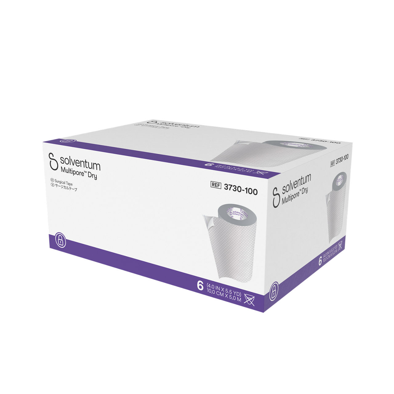 Solventum™ Multipore™ Dry Surgical Tape, 3730-100, 4 in x 5.5 yd (100 mm x 5 m), 6/CAR, 4 CAR/CS, 24/CS - Front, Right, In Packaging (1R1)
