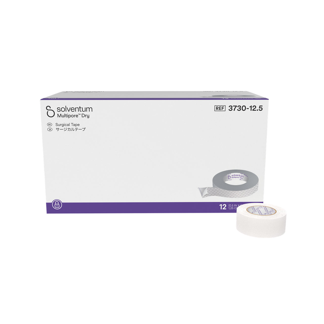 Solventum™ Multipore™ Dry Surgical Tape, 3730-12.5, 0.5 in x 5.5 yd (12.5 mm x 5 m), 12/CAR, 4 CAR/CS, 48/CS - Front, Center, In and Out of Packaging (1C10)