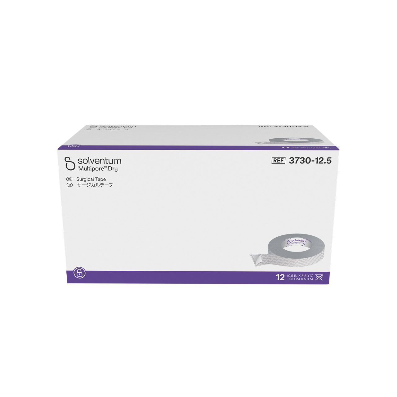 Solventum™ Multipore™ Dry Surgical Tape, 3730-12.5, 0.5 in x 5.5 yd (12.5 mm x 5 m), 12/CAR, 4 CAR/CS, 48/CS - Front, Center, In Packaging (1C1)