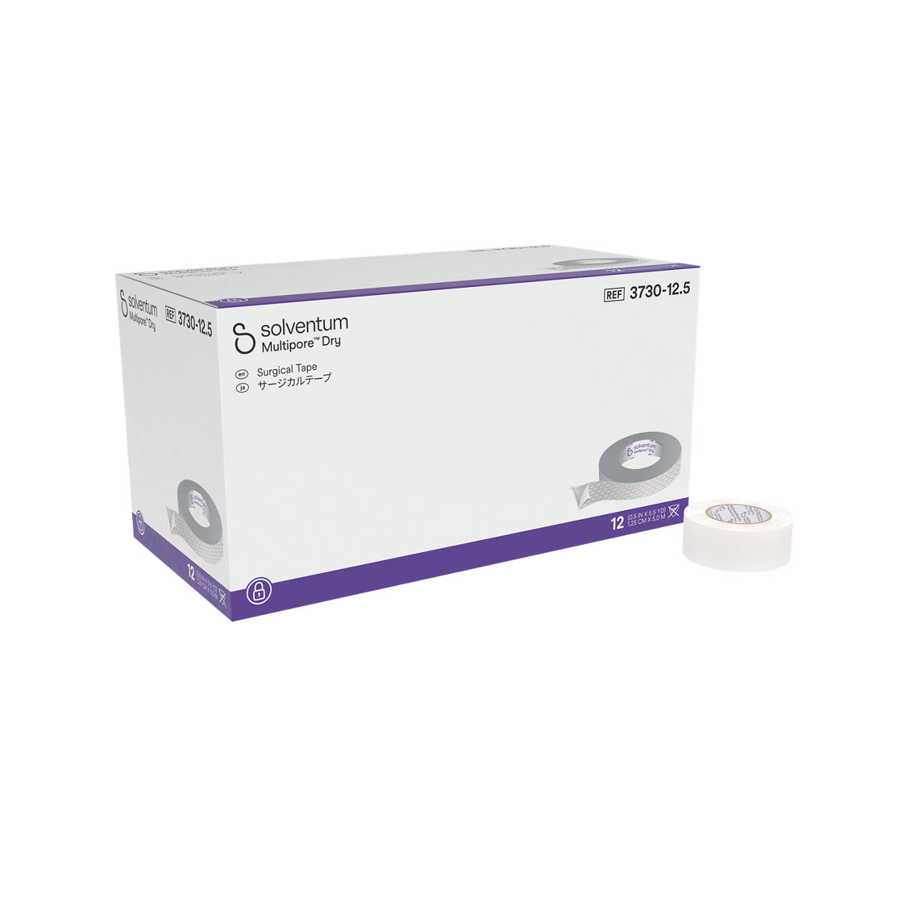 Solventum™ Multipore™ Dry Surgical Tape, 3730-12.5, 0.5 in x 5.5 yd (12.5 mm x 5 m), 12/CAR, 4 CAR/CS, 48/CS - Front, Left, In and Out of Packaging (1L10)