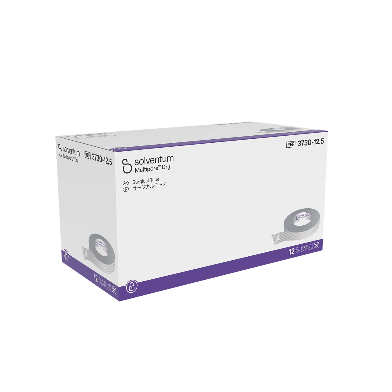 Solventum™ Multipore™ Dry Surgical Tape, 3730-12.5, 0.5 in x 5.5 yd (12.5 mm x 5 m), 12/CAR, 4 CAR/CS, 48/CS - Front, Left, In Packaging (1L1)