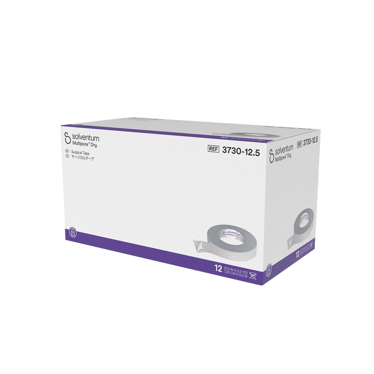 Solventum™ Multipore™ Dry Surgical Tape, 3730-12.5, 0.5 in x 5.5 yd (12.5 mm x 5 m), 12/CAR, 4 CAR/CS, 48/CS - Front, Right, In Packaging (1R1)