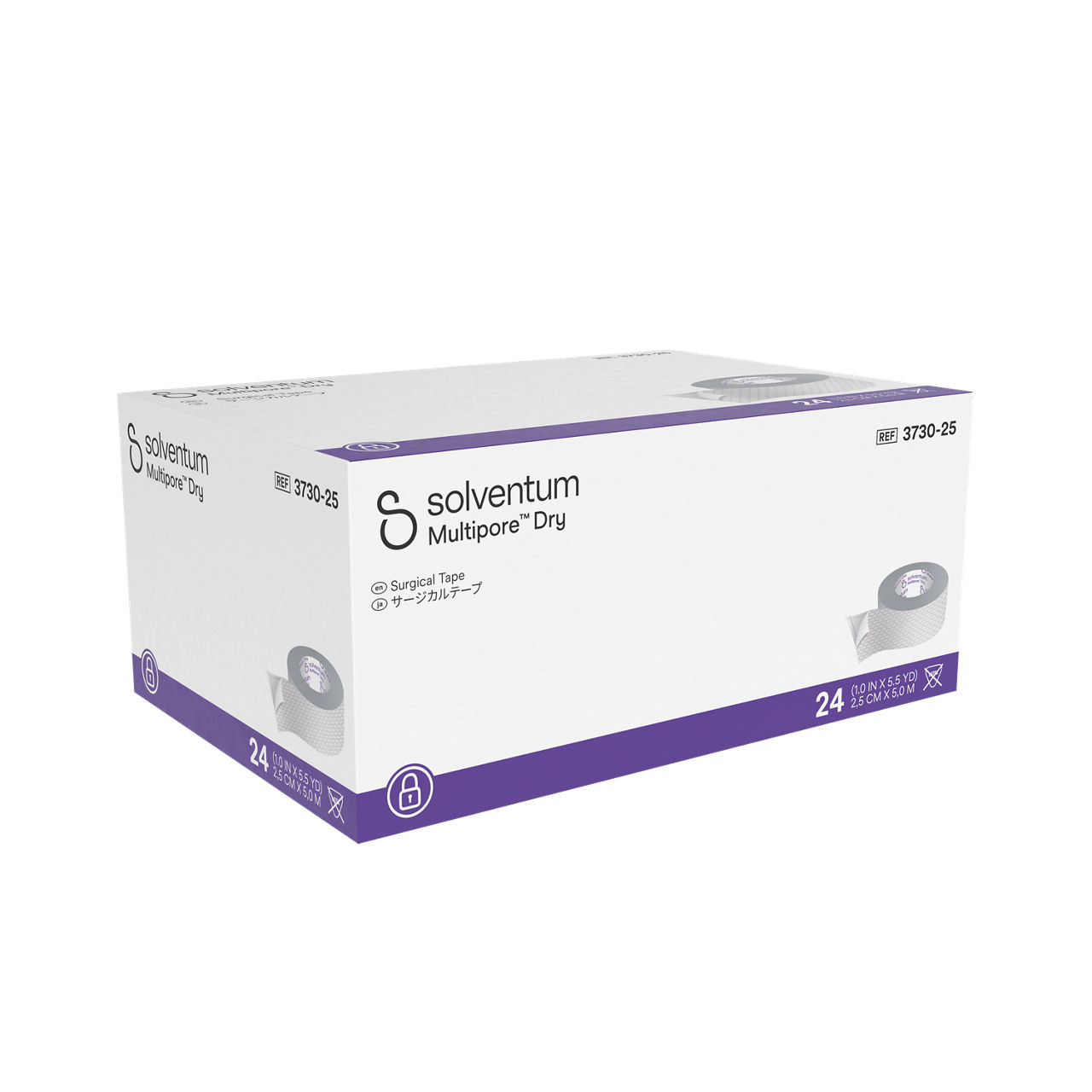 Solventum™ Multipore™ Dry Surgical Tape, 3730-75, 3 in x 5.5 yd  (75 mm x 5 m), 6/CAR, 4 CAR/CS, 24/CS - Front, Left, In Packaging (1L1)