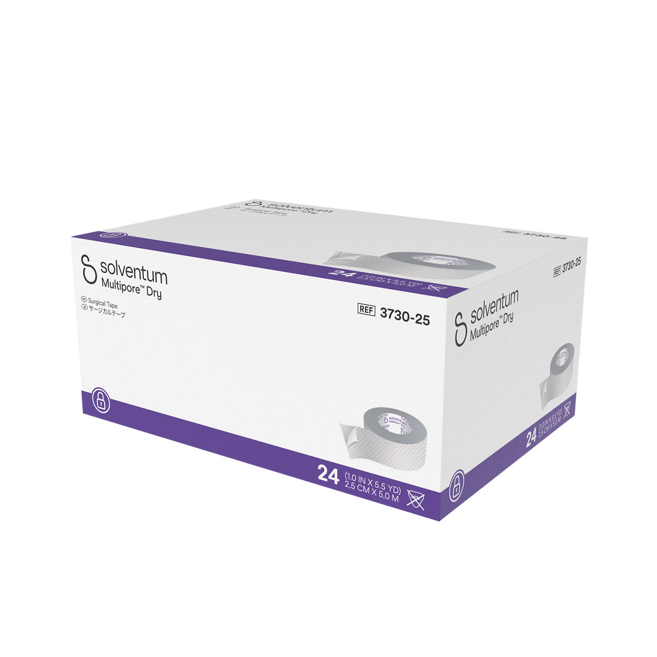 Solventum™ Multipore™ Dry Surgical Tape, 3730-75, 3 in x 5.5 yd  (75 mm x 5 m), 6/CAR, 4 CAR/CS, 24/CS - Front, Right, In Packaging (1R1)