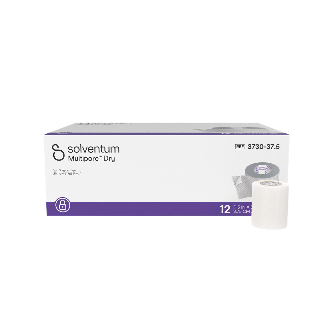 Solventum™ Multipore™ Dry Surgical Tape, 3730-37.5, 1.5 in x 5.5 yd (37.5 mm x 5 m), 12/CAR, 4 CAR/CS, 48/CS - Front, Center, In and Out of Packaging (1C10)