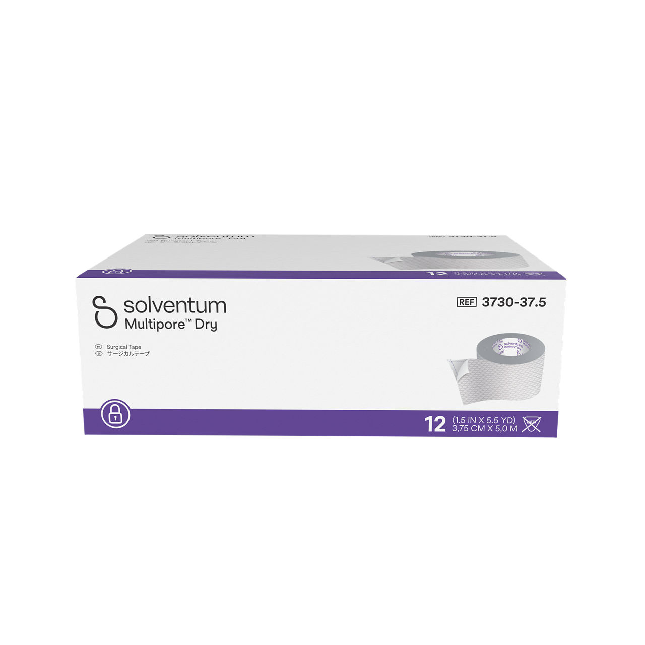 Solventum™ Multipore™ Dry Surgical Tape, 3730-37.5, 1.5 in x 5.5 yd (37.5 mm x 5 m), 12/CAR, 4 CAR/CS, 48/CS - Front, Center, In Packaging (1C1)
