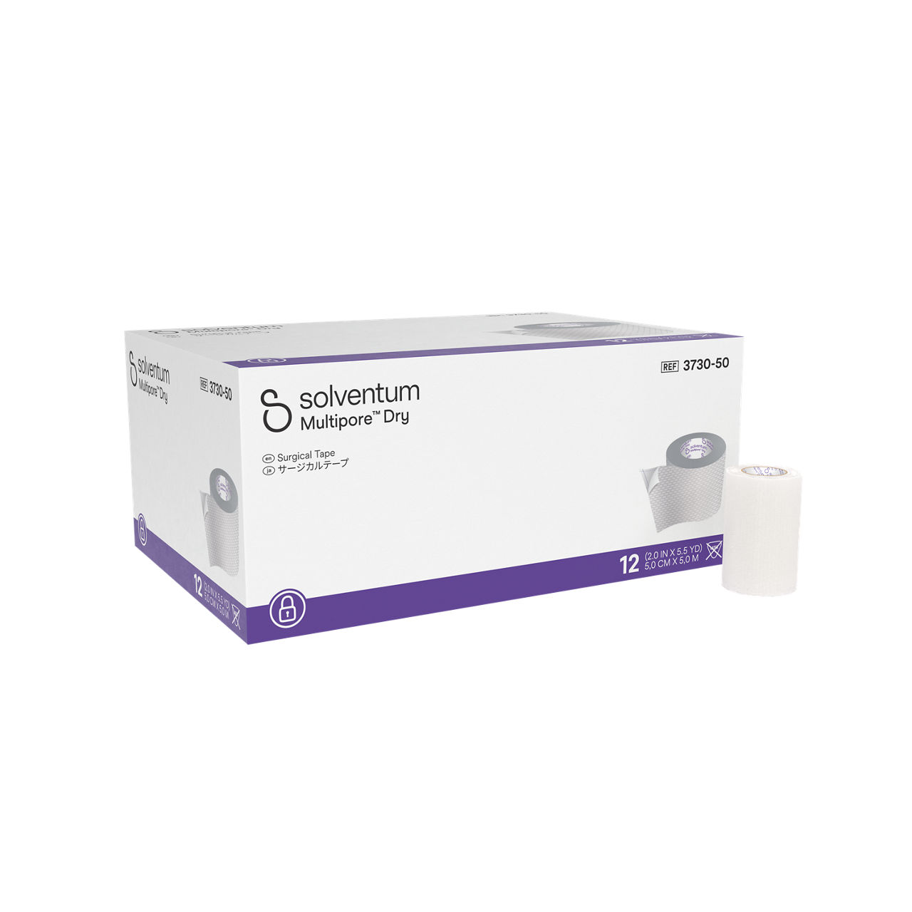 Solventum™ Multipore™ Dry Surgical Tape, 3730-50, 2 in x 5.5 yd  (50 mm x 5 m), 12/CAR, 4 CAR/CS, 48/CS - Front, Left, In and Out of Packaging (1L10)