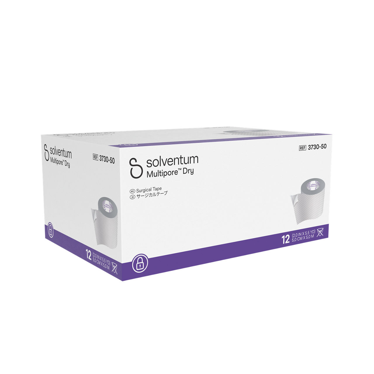 Solventum™ Multipore™ Dry Surgical Tape, 3730-50, 2 in x 5.5 yd  (50 mm x 5 m), 12/CAR, 4 CAR/CS, 48/CS - Front, Left, In Packaging (1L1)