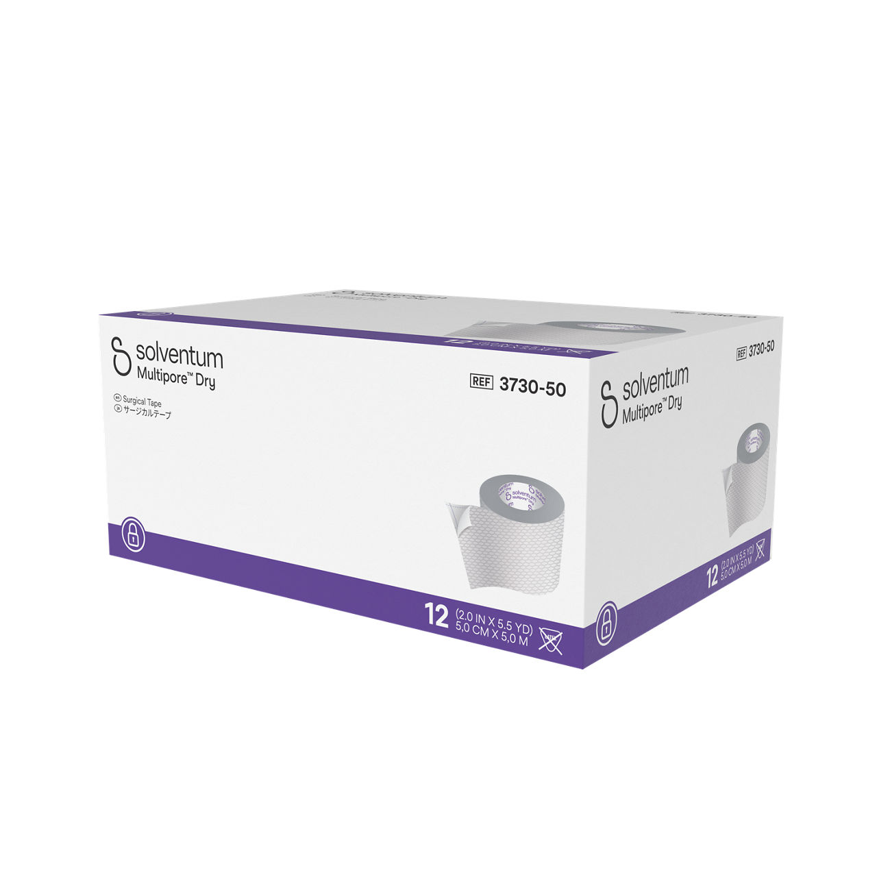Solventum™ Multipore™ Dry Surgical Tape, 3730-50, 2 in x 5.5 yd  (50 mm x 5 m), 12/CAR, 4 CAR/CS, 48/CS - Front, Right, In Packaging (1R1)