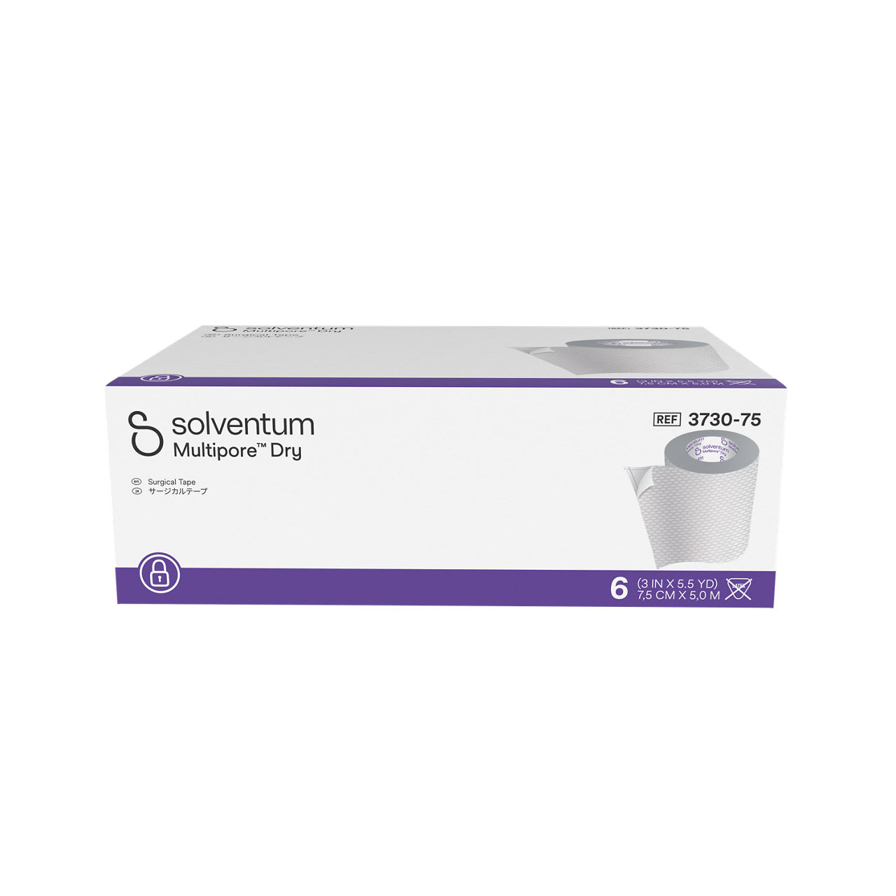 Solventum™ Multipore™ Dry Surgical Tape, 3730-75, 3 in x 5.5 yd  (75 mm x 5 m), 6/CAR, 4 CAR/CS, 24/CS - Front, Center, In Packaging (1C1)