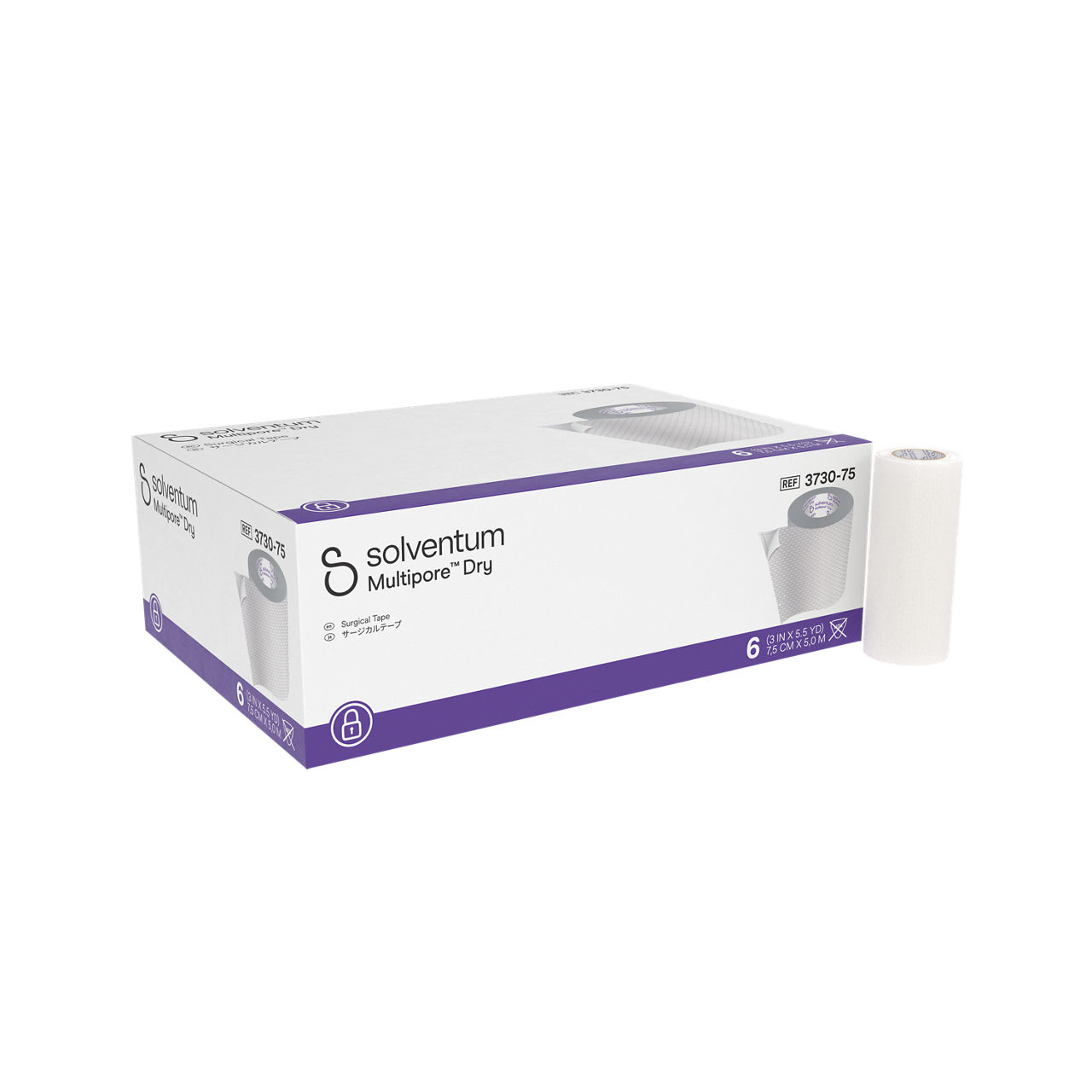Solventum™ Multipore™ Dry Surgical Tape, 3730-75, 3 in x 5.5 yd  (75 mm x 5 m), 6/CAR, 4 CAR/CS, 24/CS - Front, Left, In and Out of Packaging (1L10)