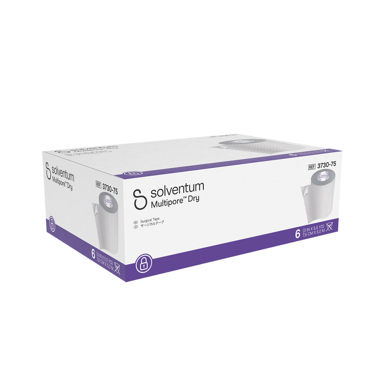 Solventum™ Multipore™ Dry Surgical Tape, 3730-75, 3 in x 5.5 yd  (75 mm x 5 m), 6/CAR, 4 CAR/CS, 24/CS - Front, Left, In Packaging (1L1)
