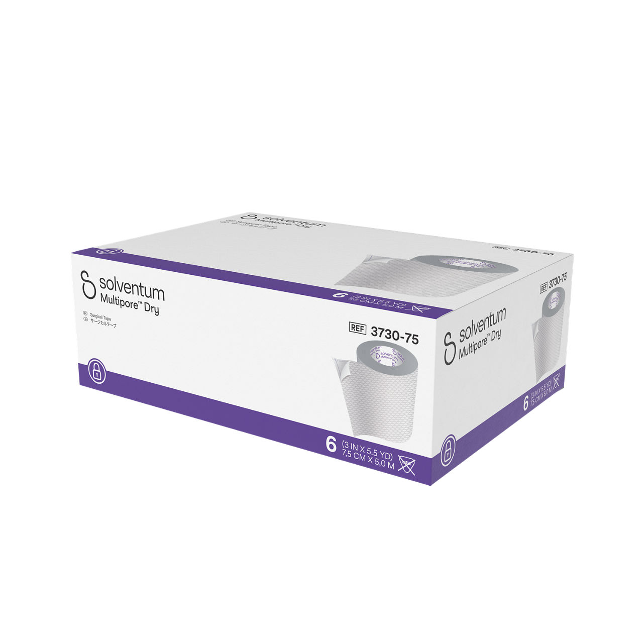 Solventum™ Multipore™ Dry Surgical Tape, 3730-75, 3 in x 5.5 yd  (75 mm x 5 m), 6/CAR, 4 CAR/CS, 24/CS - Front, Right, In Packaging (1R1)