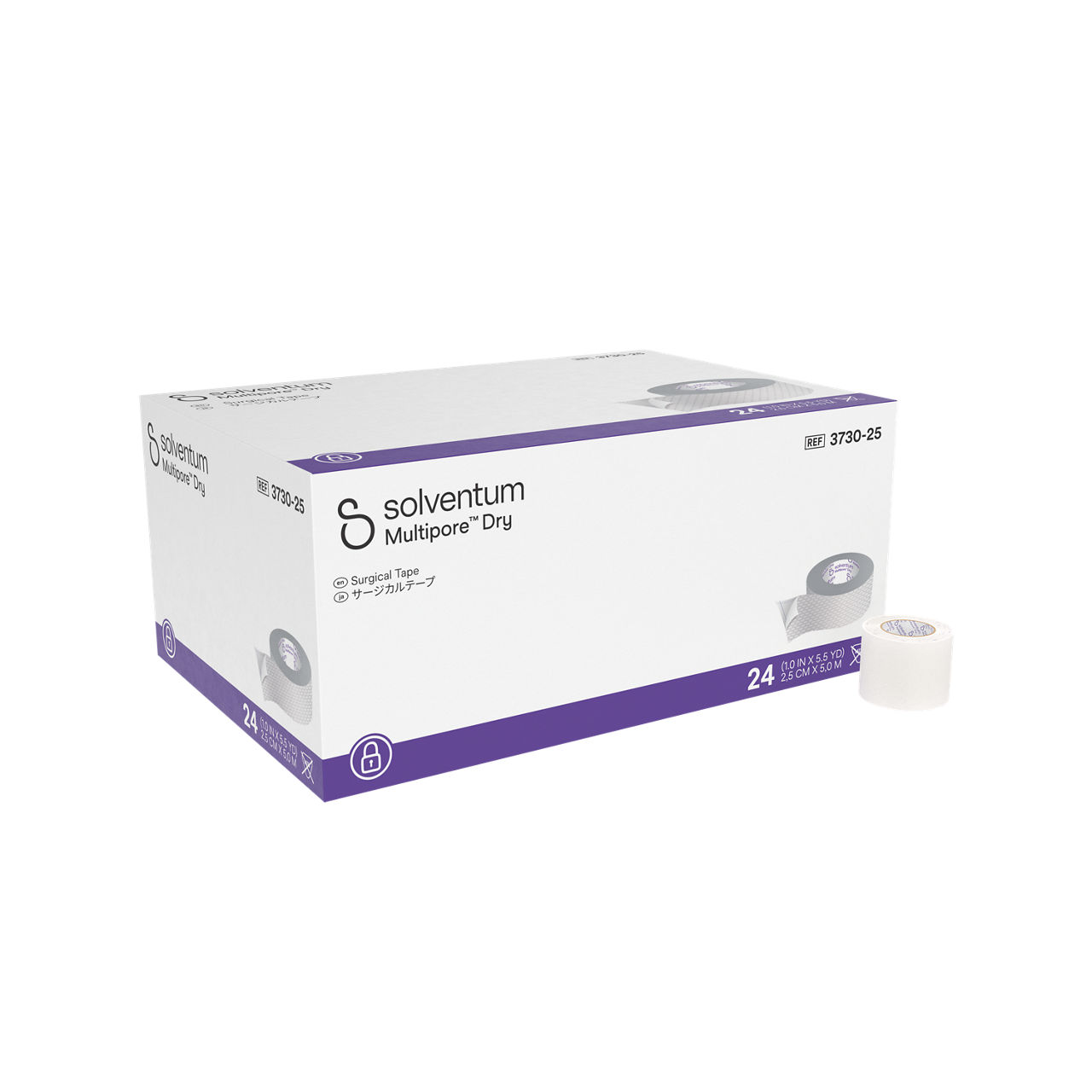 Solventum™ Multipore™ Dry Surgical Tape, 3730-25, 1 in x 5.5 yd (25 mm x 5 m), 24/CAR, 4 CAR/CS, 96/CS - Front, Left, In and Out of Packaging (1L10)