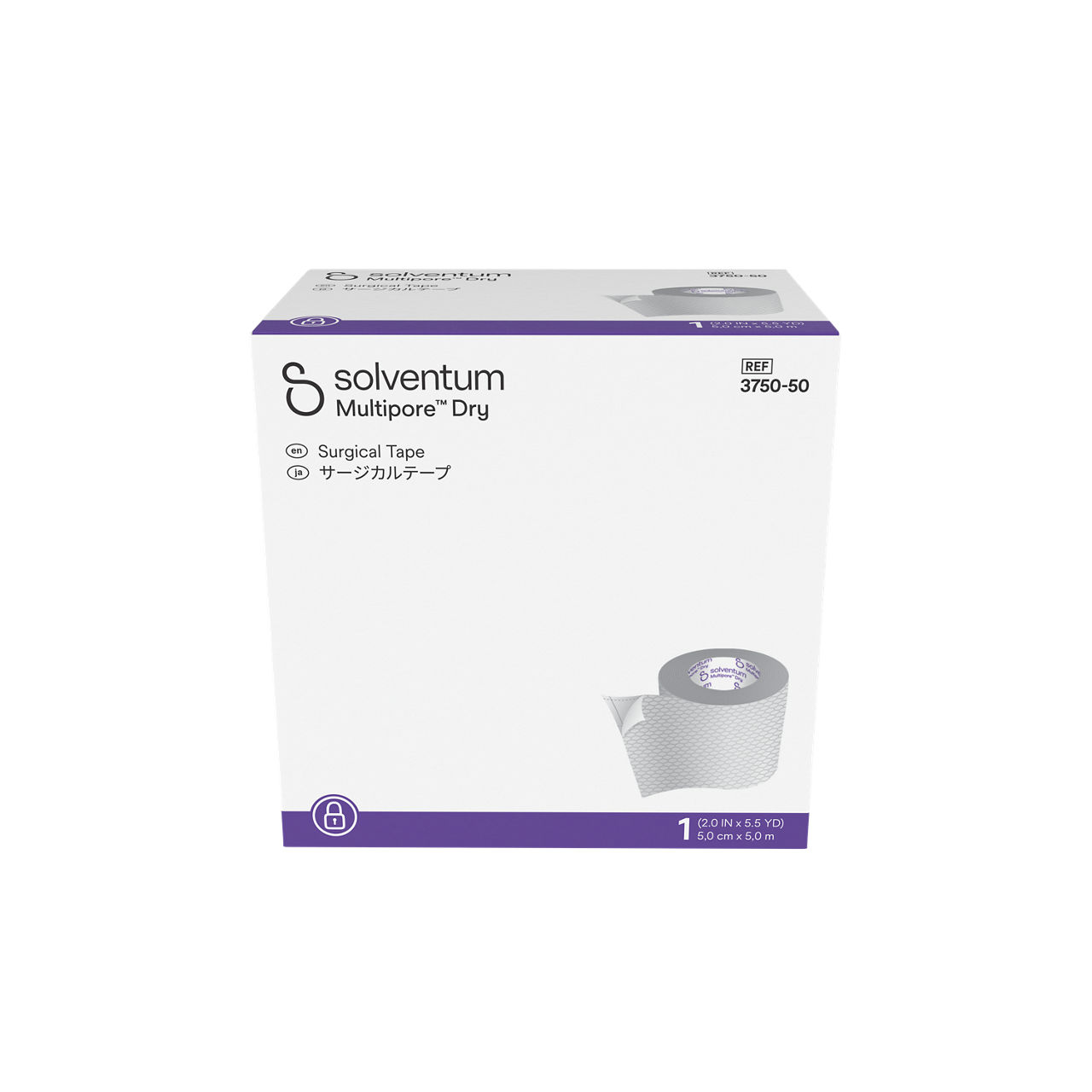 Solventum™ Multipore™ Dry Surgical Tape, 3750-50, 2 in x 5.5 yd (50 mm x 5 m), 1/CAR, 48 CAR/CS, 48/CS - Front, Center, In Packaging (1C1)