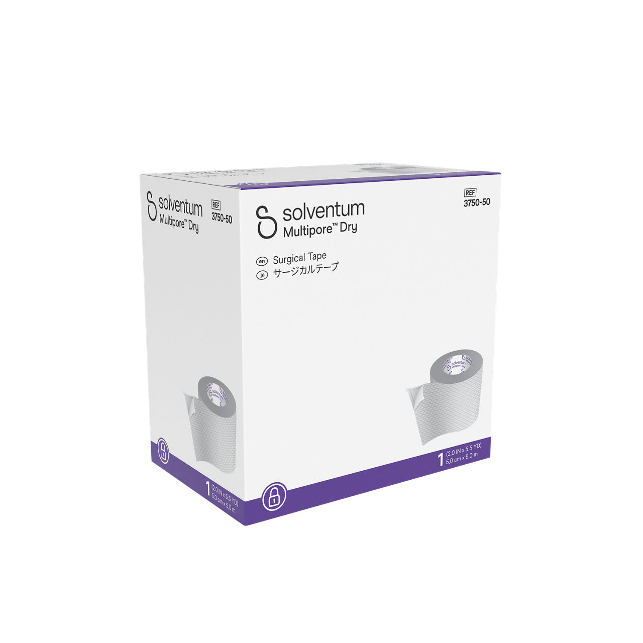 Solventum™ Multipore™ Dry Surgical Tape, 3750-50, 2 in x 5.5 yd (50 mm x 5 m), 1/CAR, 48 CAR/CS, 48/CS - Front, Left, In Packaging (1L1)
