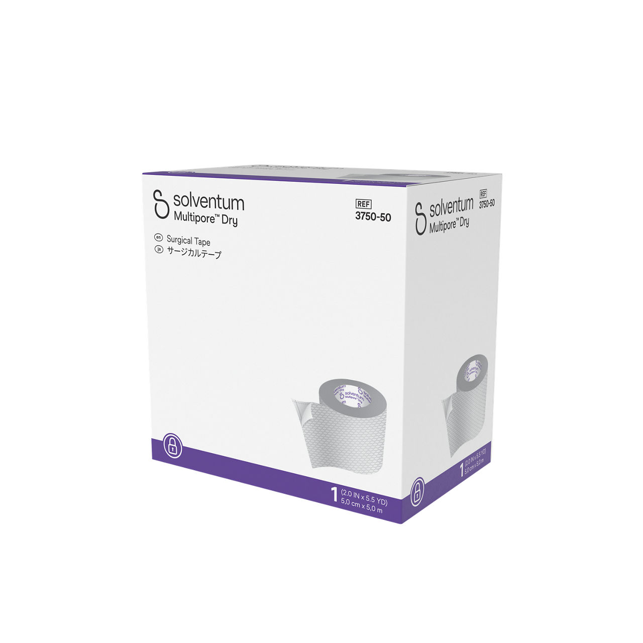 Solventum™ Multipore™ Dry Surgical Tape, 3750-50, 2 in x 5.5 yd (50 mm x 5 m), 1/CAR, 48 CAR/CS, 48/CS - Front, Right, In Packaging (1R1)