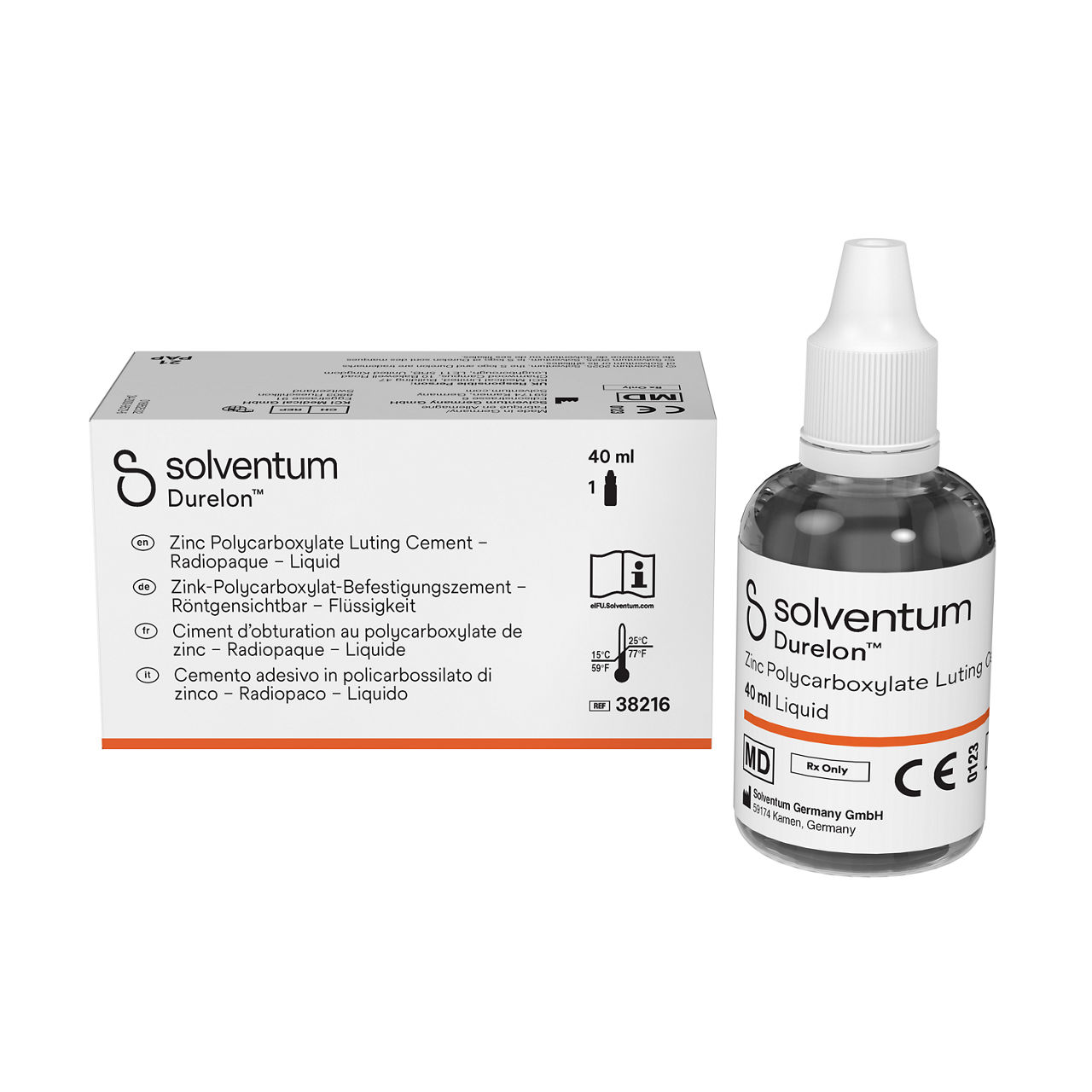 Solventum™ Durelon™ Cimento de fixação de policarboxilato de zincoRadiopaco Líquido, 38216, 40 mL, 1 EA