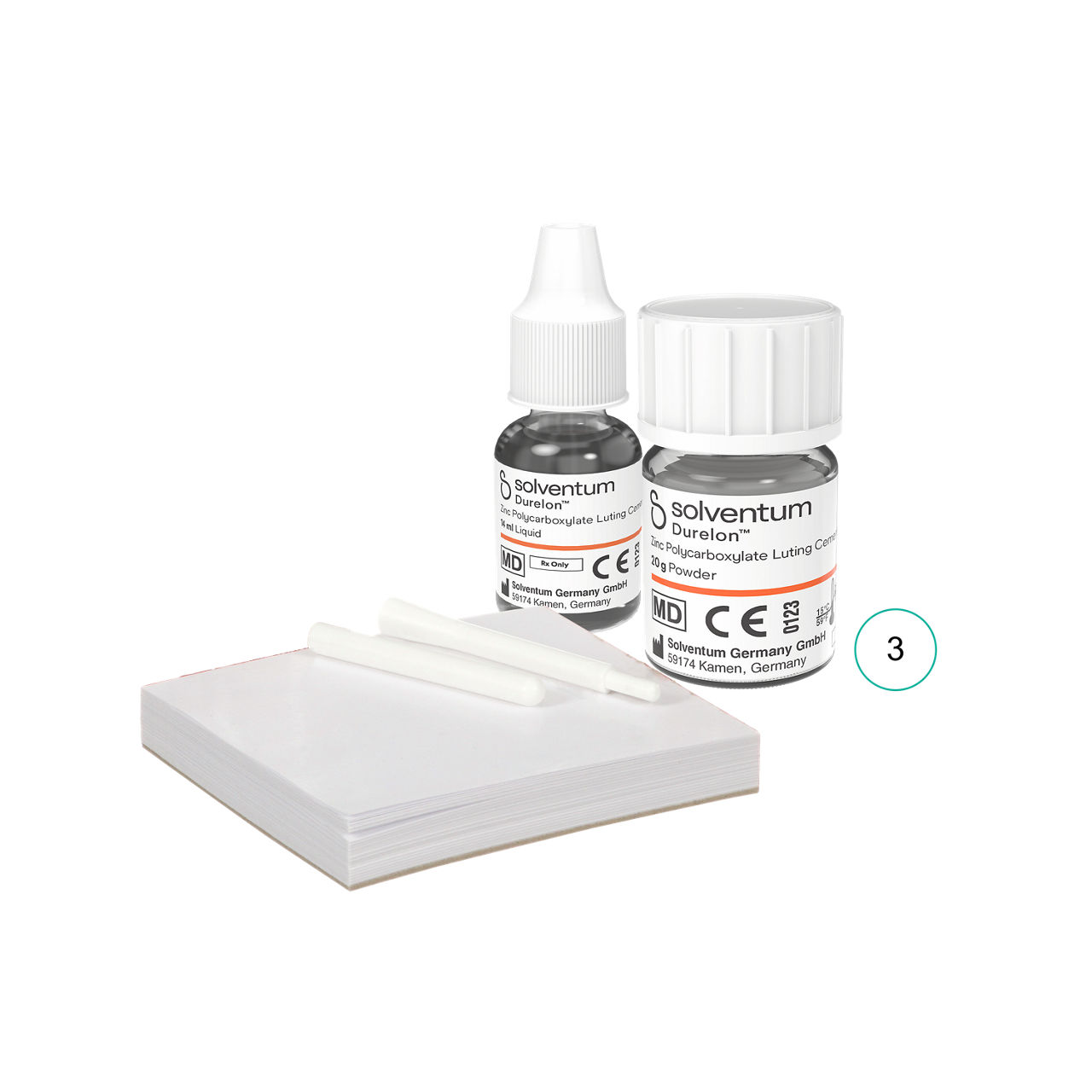 Solventum™ Durelon™ Zinc Polycarboxylate Luting Cement, 38234, TriplePack - Front, Center, Out of Packaging (1C0)