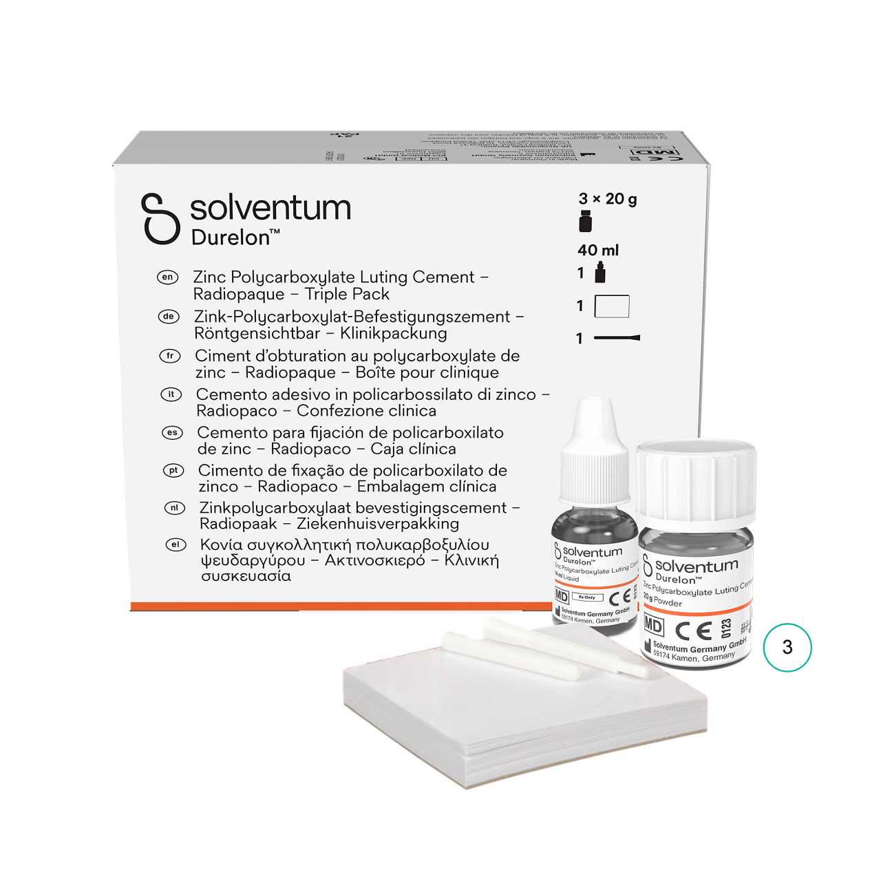 Solventum™ Durelon™ Zinc Polycarboxylate Luting Cement, 38234, TriplePack - Front, Center, In and Out of Packaging (1C10)