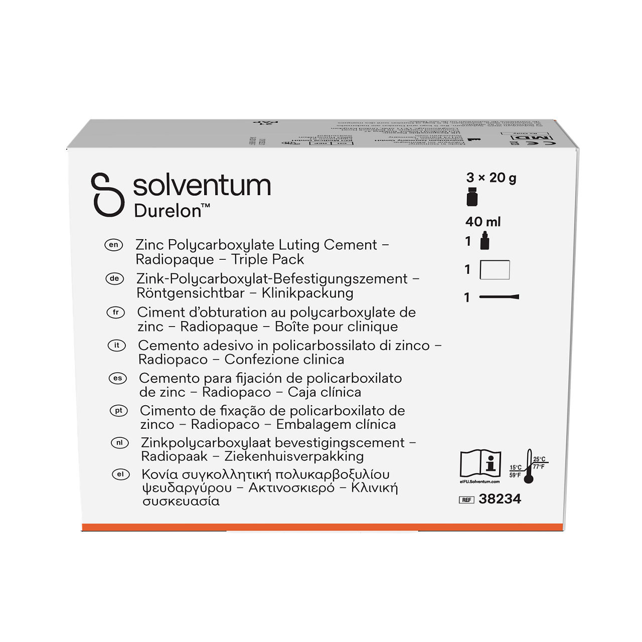 Solventum™ Durelon™ Zinc Polycarboxylate Luting Cement Radiopaque Triple Pack, 38234, 20 g powder, 3/PAC, 40 mL liquid, 1 EA