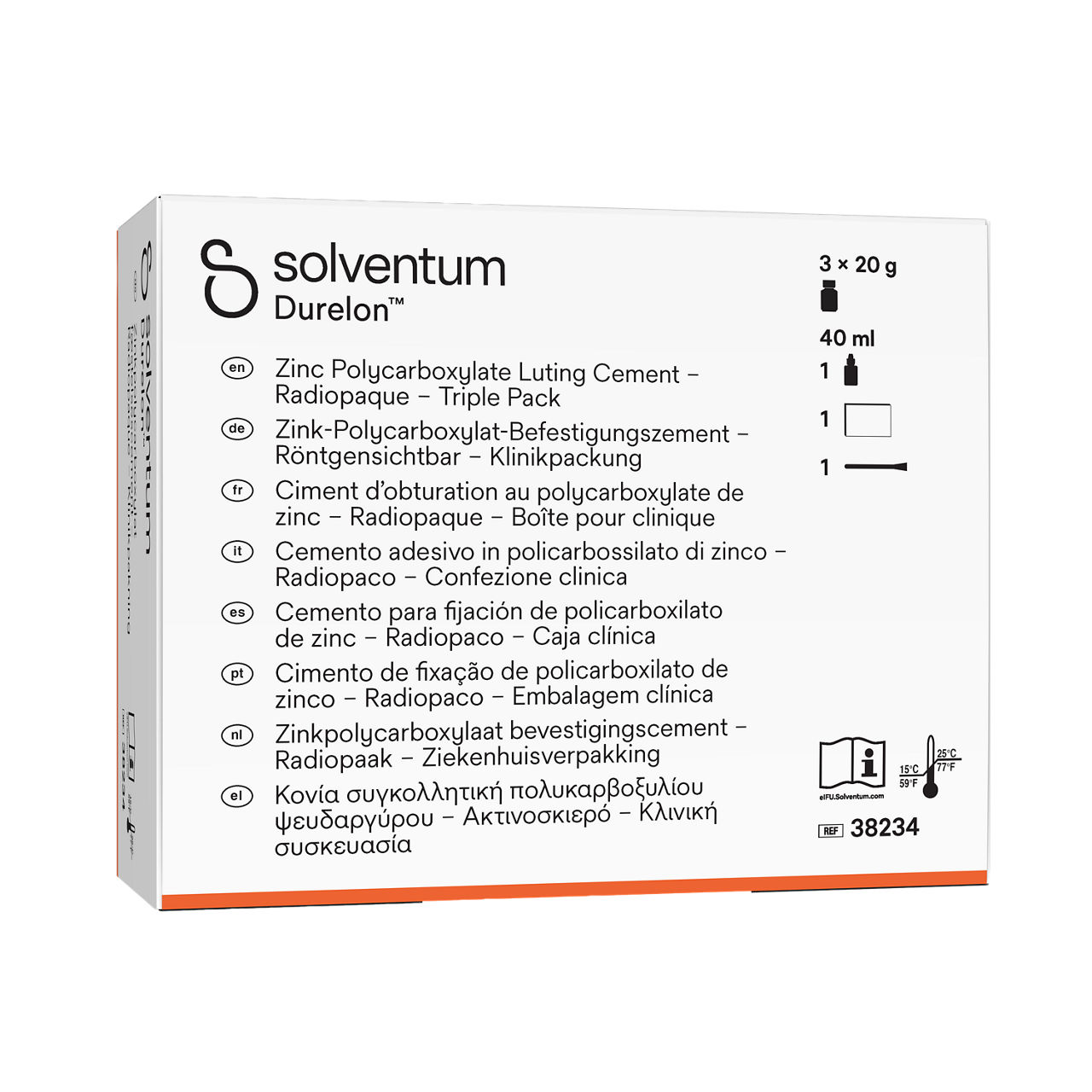 Solventum™ Durelon™ Zinc Polycarboxylate Luting Cement, 38234, Triple Pack - Front, Left, In Packaging (1L1)