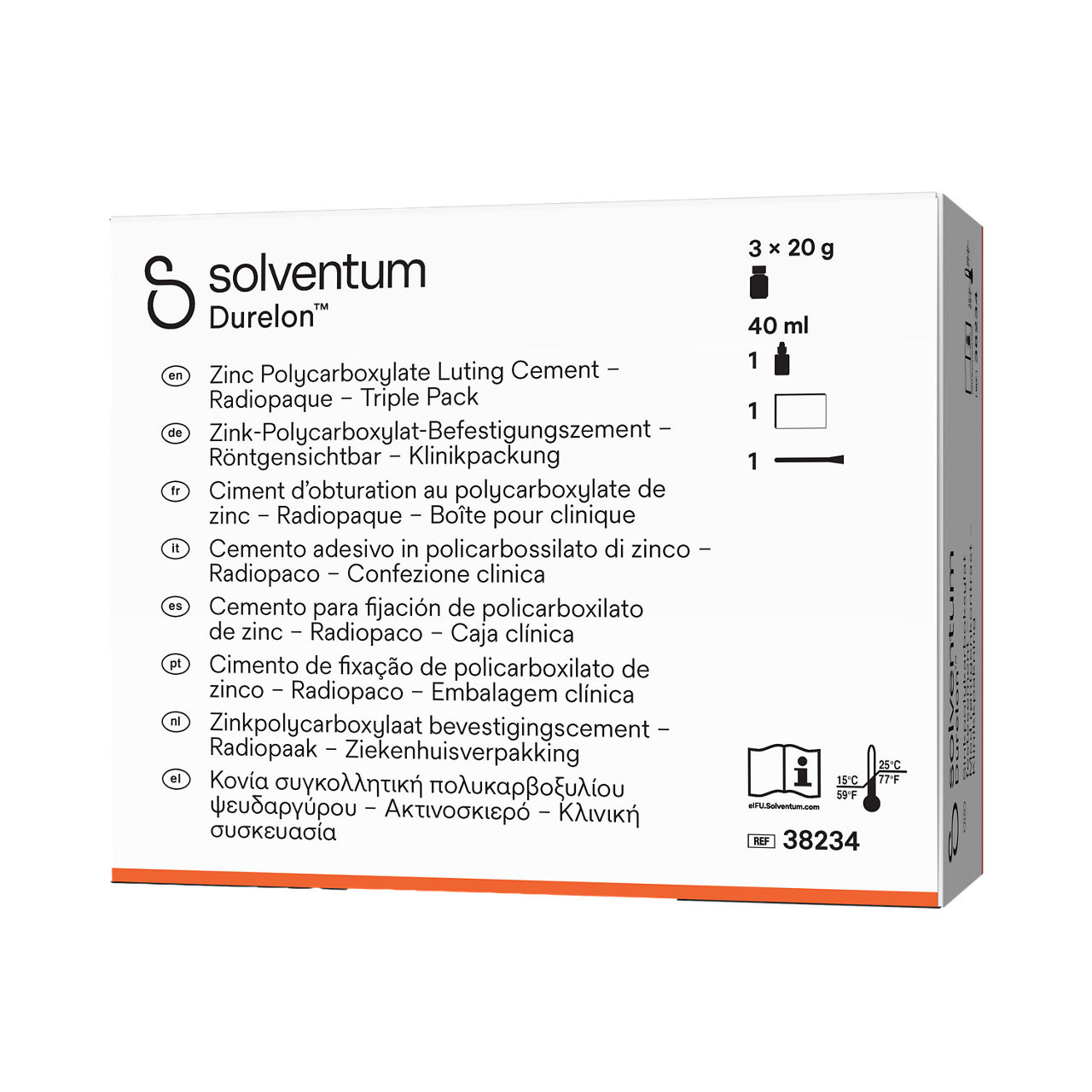 Solventum™ Durelon™ Zinc Polycarboxylate Luting Cement, 38234, Triple Pack - Front, Right, In Packaging (1R1)