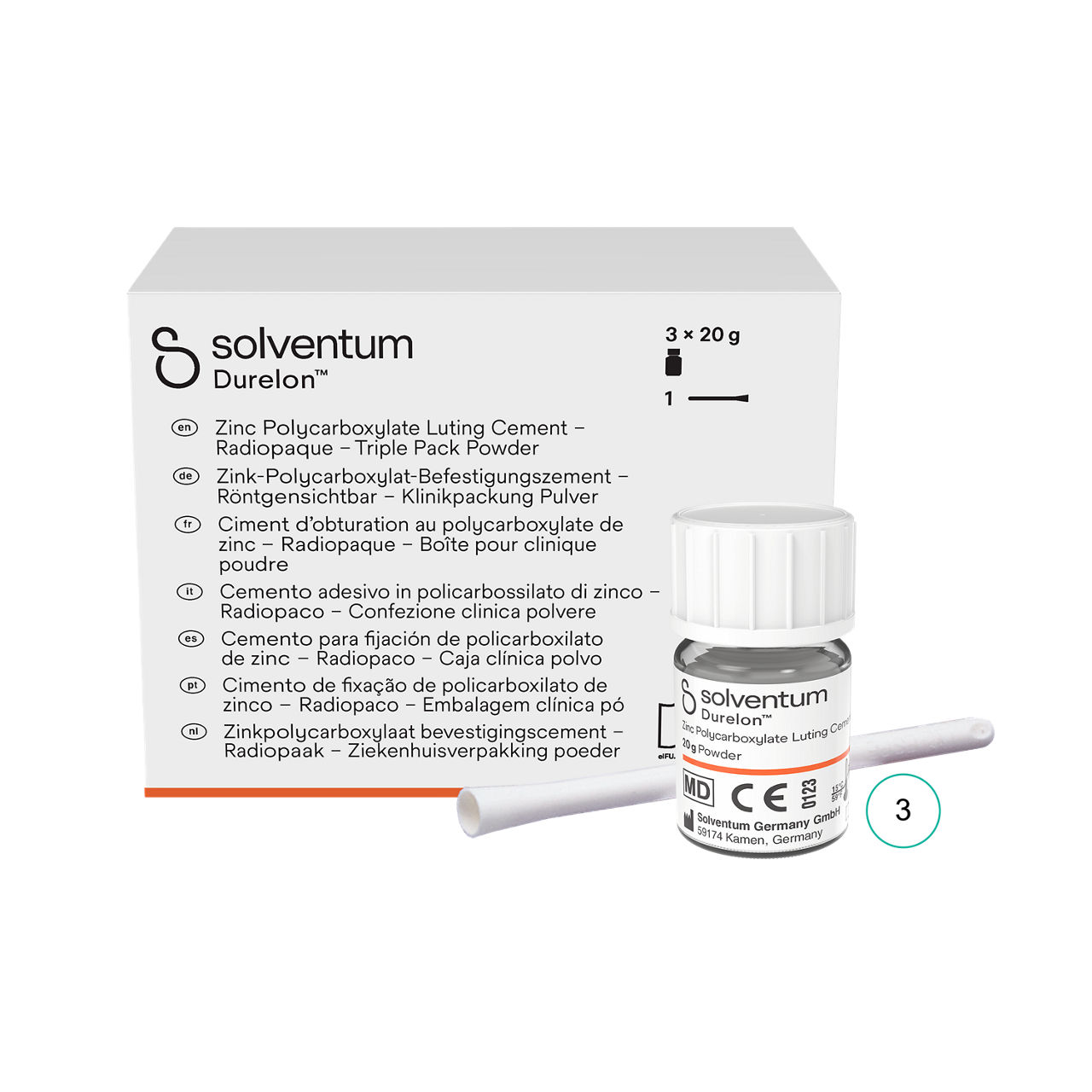 Solventum™ Durelon™ Zinc Polycarboxylate Luting Cement, 38236, TriplePack, Regular-Set, Powder - Front, Center, In and Out of Packaging (1C10)