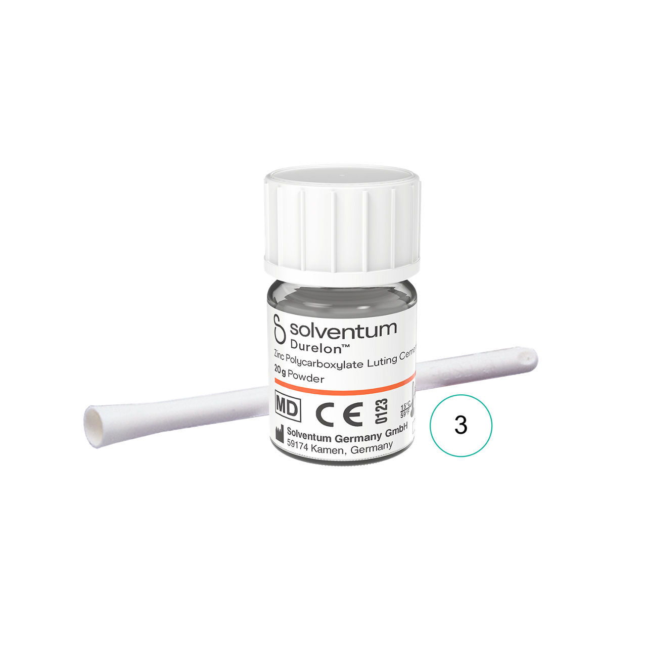 Solventum™ Durelon™ Zinc Polycarboxylate Luting Cement, 38237, TriplePack, Fast-Set, Powder - Front, Center, Out of Packaging (1C0)