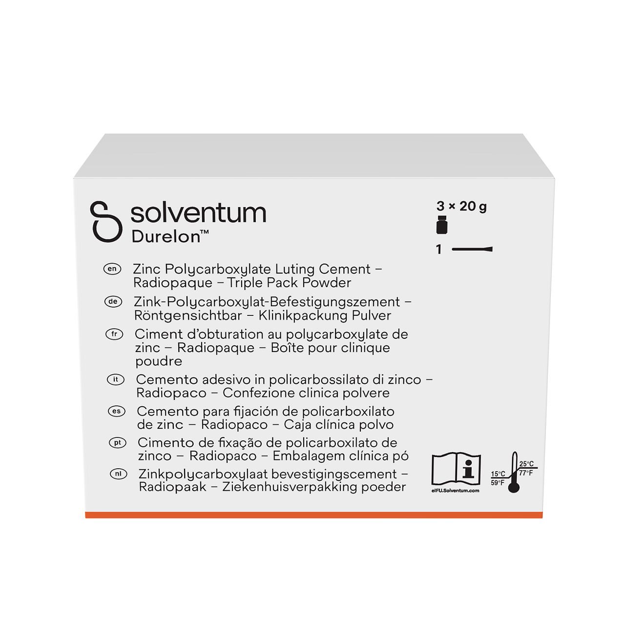 Solventum™ Durelon™ Cimento de fixação de policarboxilato de zincoRadiopaco Embalagem clínica pó, 38237, 20 g, 3/PAC