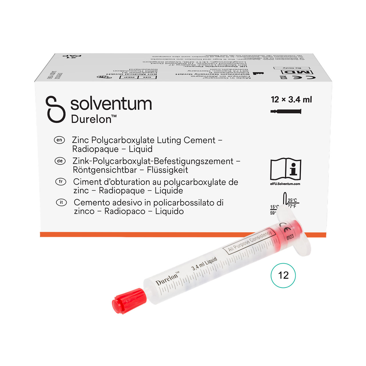 Solventum™ Durelon™ Zinc Polycarboxylate Luting Cement, 38267, TriplePack, Liquid CD - Front, Center, In and Out of Packaging (1C10)