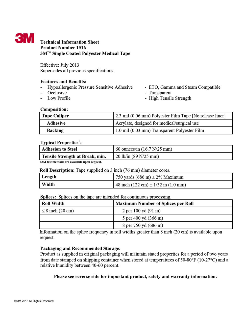 3M™ Medical Tape 1516, Technical Information Sheet