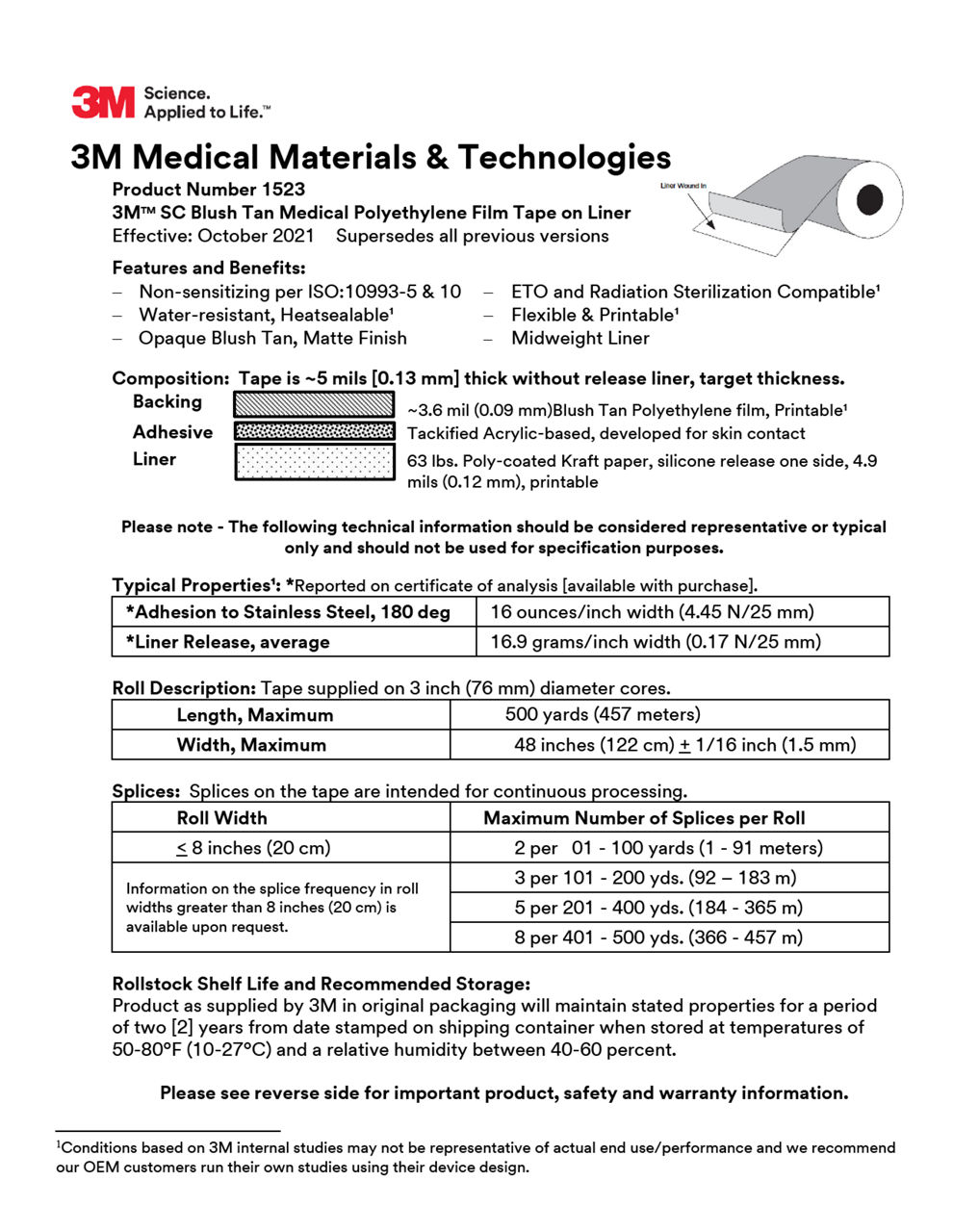 3M™ Medical Tape 1523, Technical Information Sheet