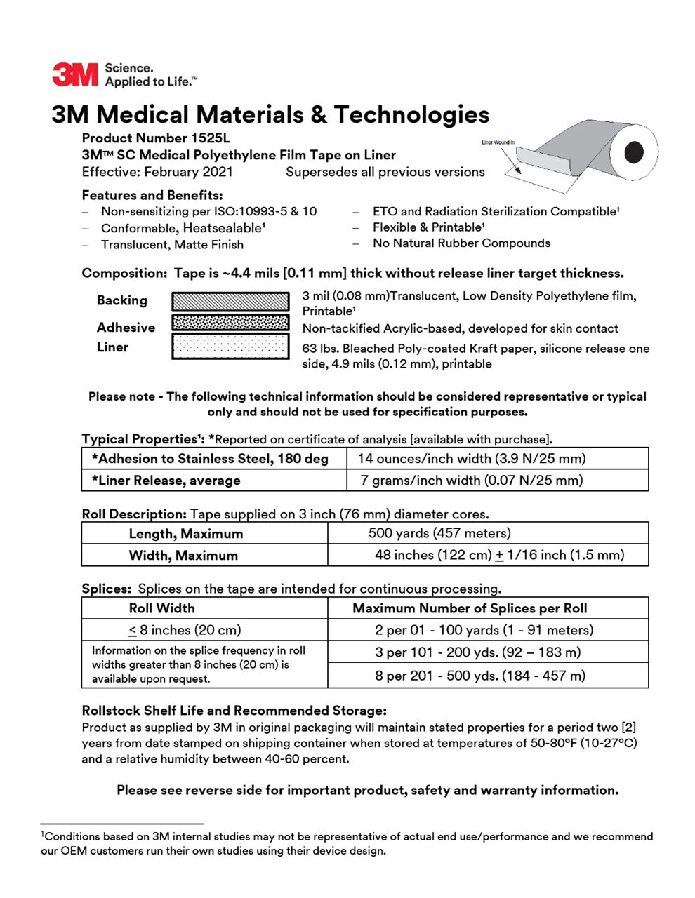 3M™ Medical Tape 1525L, Technical Information Sheet