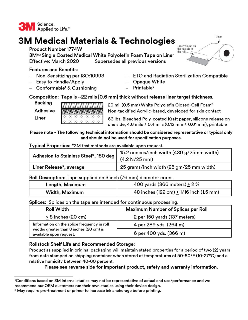 3M™ Medical Foam Tape 1774W, Technical Information Sheet