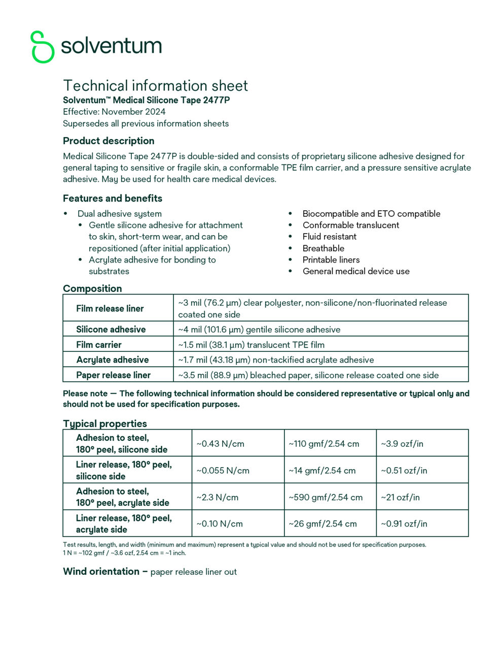 Solventum™ Medical Silicone Tape 2477P Technical Information Sheet