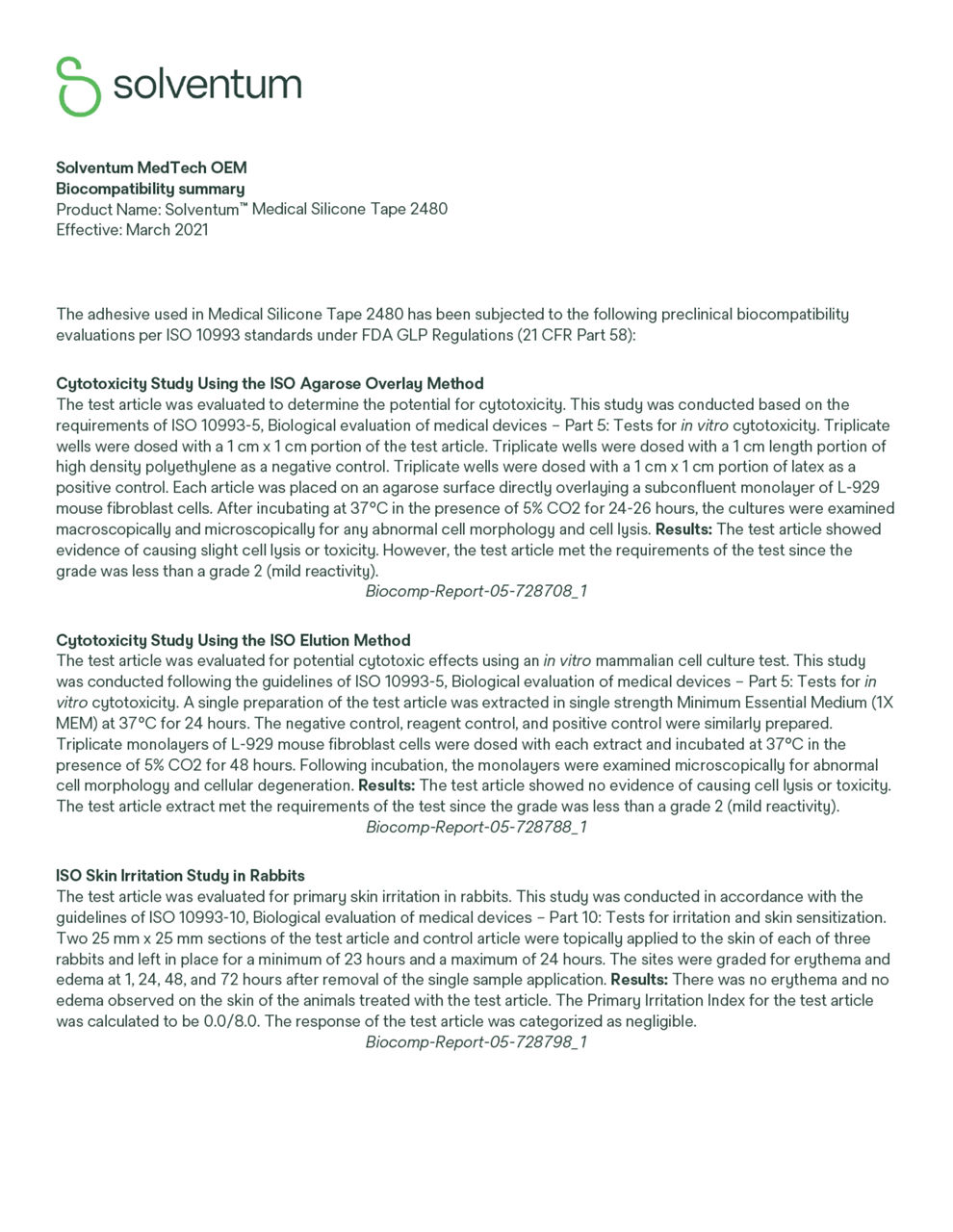 Solventum™ Medical Silicone Tape 2480, Biocompatibility summary