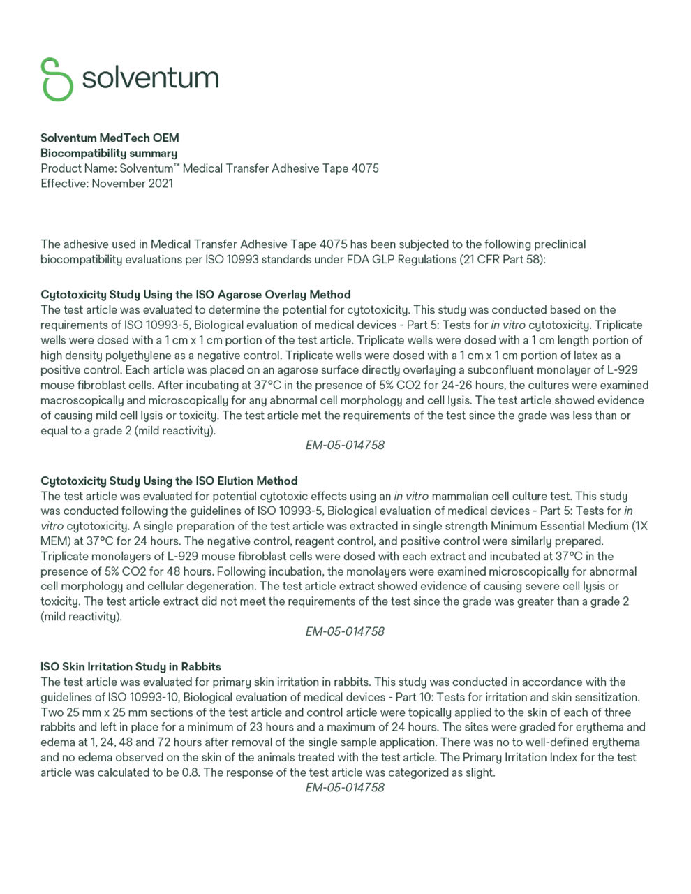 Solventum™ Medical Transfer Adhesive Tape 4075, Product clinical data summary