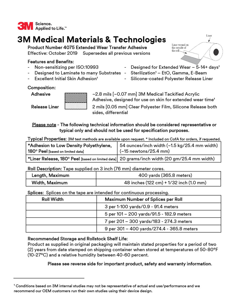 3M™ Medical Transfer Adhesive 4075, Technical Information Sheet