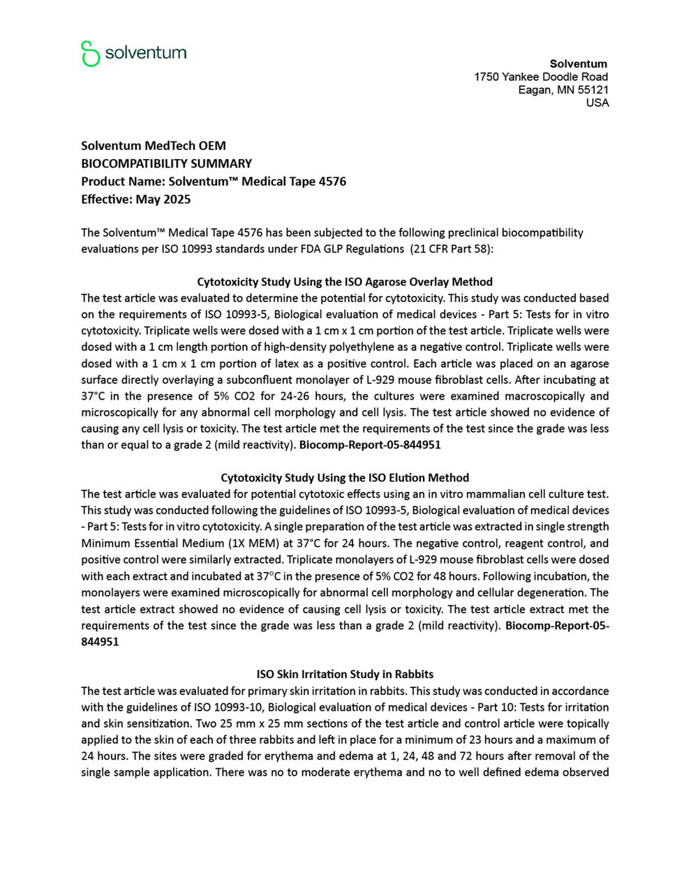 Solventum™ Medical Tape 4576 Biocompatibility Summary